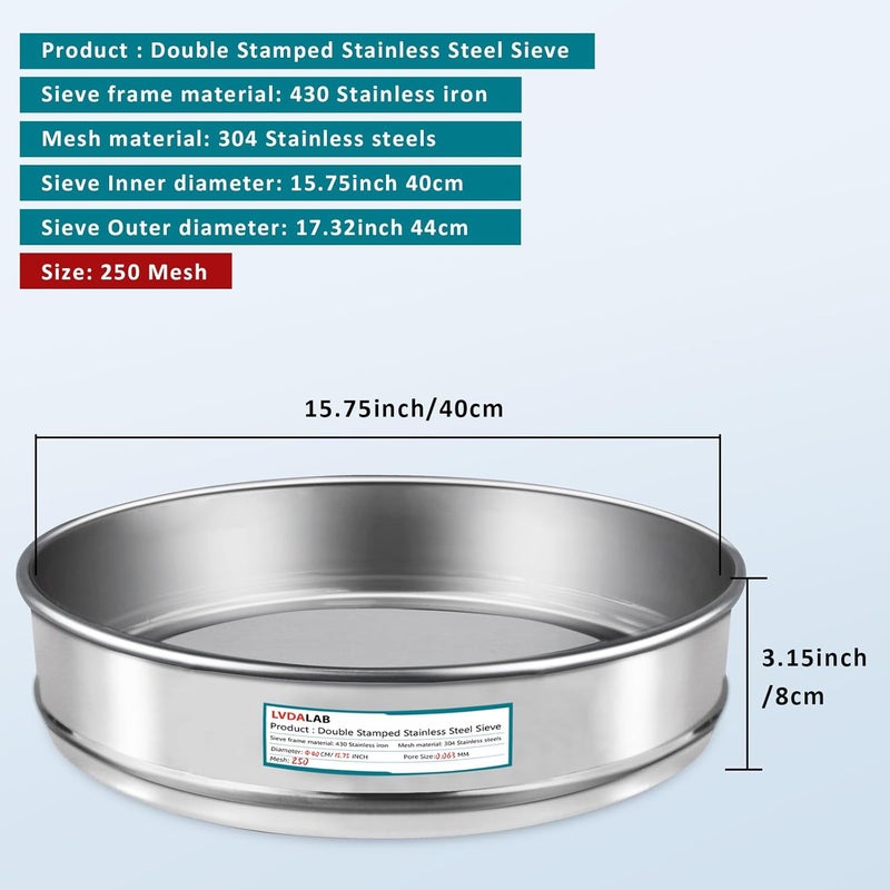 LVDALAB 304 Stainless Steel Lab Sieve Screen Mesh, 250 Mesh (0.061mm) Aperture Test Sieve, 15.75''(40cm) Diameter Economy Standard Analysis Sample Test Sieves for Industrial Laboratory Homes - Image 2